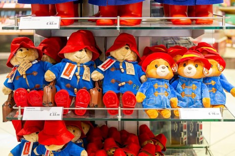 Paddington Bear toys on display, shopping area in departures lounge area, Terminal 5, London