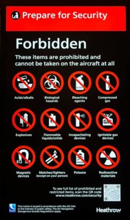 Forbidden items prepare for security electronic notice, Terminal 5 London Heathrow airport, London,