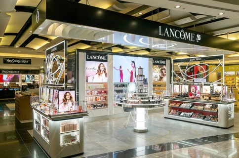 Lancome brands on display Duty Free shopping area in departures lounge area, Terminal 5, London