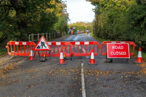 Road and rail level crossing closed, Network Rail railway line upgrade maintenance, Melton,