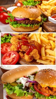 Collage of various fast food meals. beagles, hamburger, cheeseburger, french fries and a view green