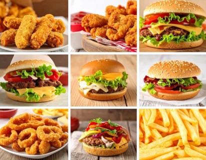 Collage of various fast food meals. beagles, hamburger, cheeseburger, french fries and a view green