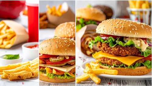 Collage of various fast food meals. beagles, hamburger, cheeseburger, french fries and a view green