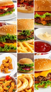 Collage of various fast food meals. beagles, hamburger, cheeseburger, french fries and a view green