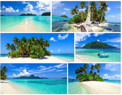 Collage of tropical islands with beach and palm trees, paradise with blue cloudy sky, turquoise