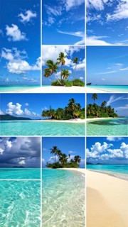Collage of tropical islands with beach and palm trees, paradise with blue cloudy sky, turquoise