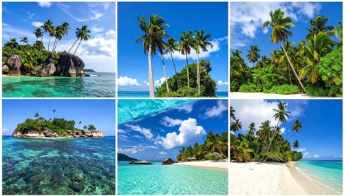 Collage of tropical islands with beach and palm trees, paradise with blue cloudy sky, turquoise