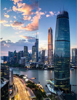Collage of skyscrapers of a metropolitan city, various skylines with different blue sky in sunset,