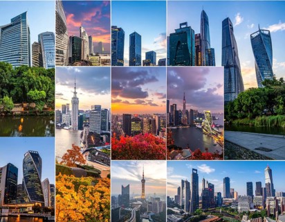 Collage of skyscrapers of a metropolitan city, various skylines with different blue sky in sunset,