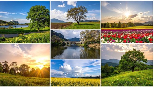 Collage of spring and summer landscapes, blooming flowers, green meadows and trees, hilly landscape