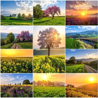 Collage of spring and summer landscapes, blooming flowers, green meadows and trees, hilly landscape