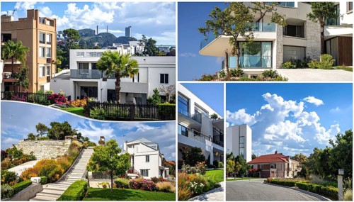 Collage of real estate residential building, modern architecture style, surrounded by green garden,