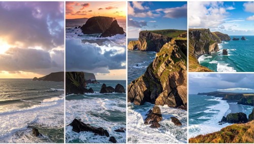 Collage of coastal landscapes with cliffs and shore break, spectacular nature, cloudy sky with
