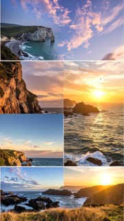 Collage of coastal landscapes with cliffs and shore break, spectacular nature, cloudy sky with
