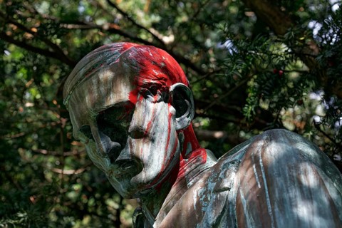 Colonial War Memorial, head sprayed with red paint, in commemoration of the Herero and Nama