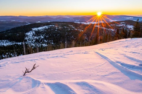 Sunrise over the hills of czech republic from Mount Lusen wth the view over the hills of the