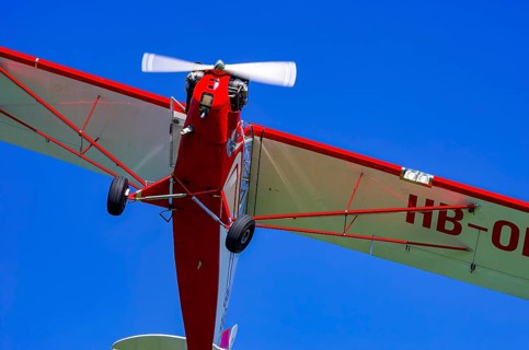 A Piper J-3C/L4 Cub light aircraft, HB-OBF registration, during a flight demonstration as part of