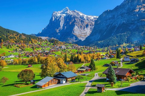 Autumn landscape with village overview and Wetterhorn 3690m, Grindelwald, Lütschinental, Bernese