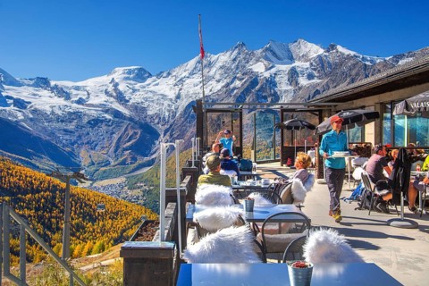 Mountain oyster terrace on Kreuzboden with Alphubel 4206m and Mischabel group 4545m in autumn,