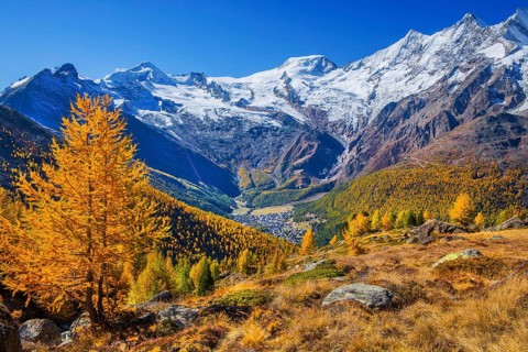 View from Kreuzboden to Saas-Fee with Alalin 4027m, Alphubel 4206m and Mischabel Group 4545m in