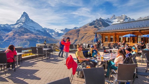 Sun terrace at mountain house on the Sunnegga with Matterhorn 4478 m, Zermatt, Mattertal, Valais,