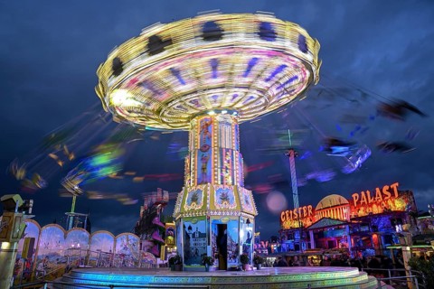 Chain carousel, blue hour, blue hour, Oktoberfest, Munich, Bavaria, Germany
