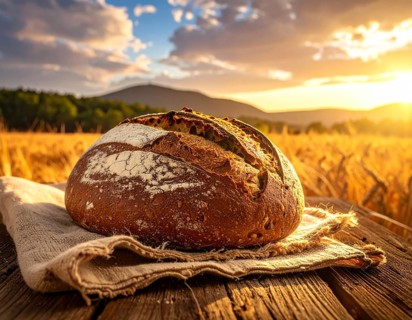 Rustic loaf of whole grain bread, fresh baked, close up of bread on dark wooden table, golden rust,
