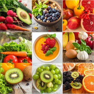 Food collage of various biological and organic fruits and vegetables, fresh healthy lifestyle, with