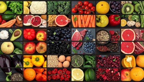 Food collage of various biological and organic fruits and vegetables, fresh healthy lifestyle, with