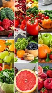 Food collage of various biological and organic fruits and vegetables, fresh healthy lifestyle, with
