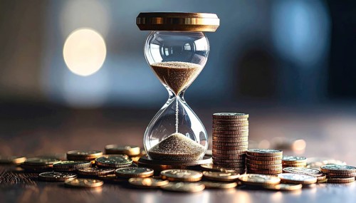 Hourglass and stacked golden coins, illustrating currency fluctuation and time impact commodities