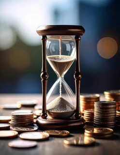 Hourglass and stacked golden coins, illustrating currency fluctuation and time impact commodities