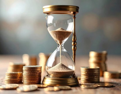 Hourglass and stacked golden coins, illustrating currency fluctuation and time impact commodities