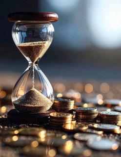 Hourglass and stacked golden coins, illustrating currency fluctuation and time impact commodities