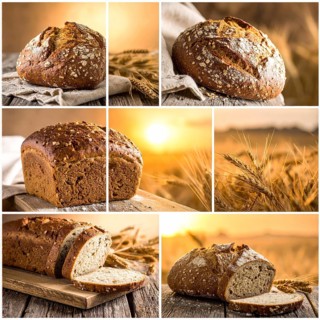 Collage of rustic loaf of whole grain bread, bread on dark rustic wooden table, great variety of