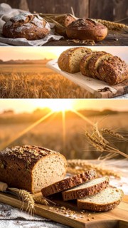 Collage of rustic loaf of whole grain bread, bread on dark rustic wooden table, great variety of