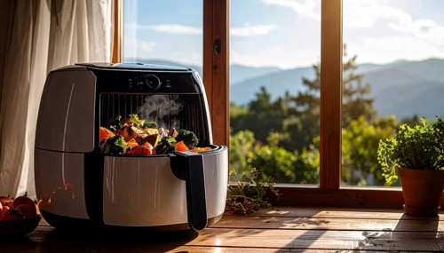 Air fryer with grilled vegetables, wooden table in the kitchen, healthy eating, healthy vegetarian