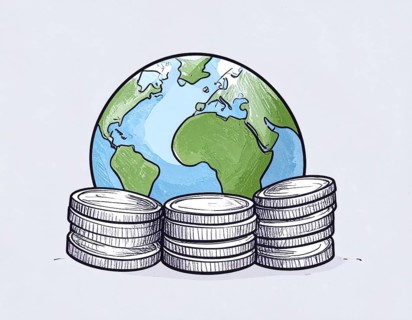 Green earth globe with silver coin stack symbolizing global finance economy and sustainable growth,