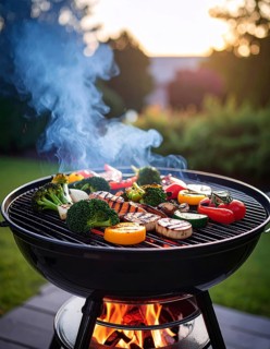 Cooking vegetables on grill outdoors, healthy lifestyle with healthy food, close up of grill with