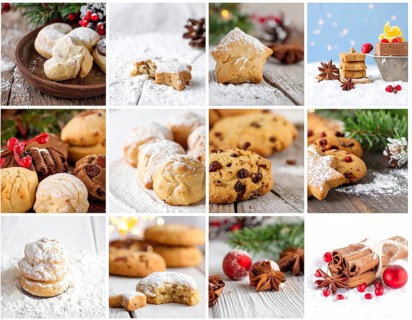 Collage of Christmas cookies and sweets, variation of sweet desserts, lots of unhealthy calories,