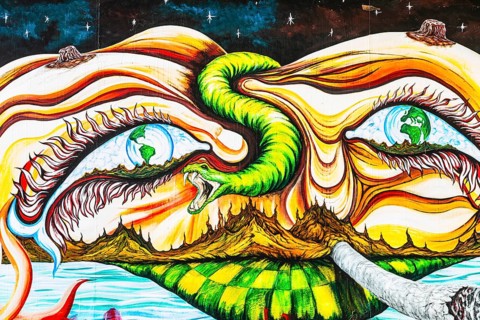 Wall painting, street art on the walls of the Danube Canal, Schwedenplatz, Vienna, Austria