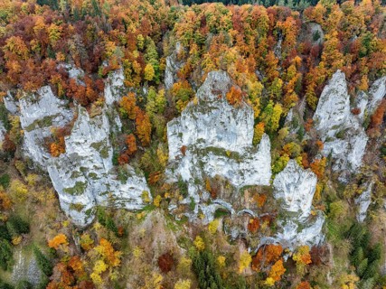 Aerial view, top down view of distinctive rock towers, Weissjura, Jurassic limestone cliffs,
