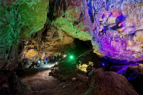 Coloured lighting, fog cave, stalactite cave in the Swabian Jura, stalactites, stalactite forest,