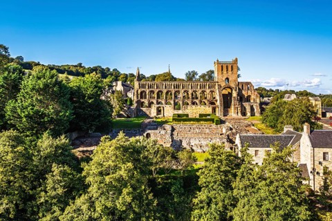 Jedburgh Abbey from a drone, Augustinian Abbey, Jedburgh, Scottish Borders, Scotland, UK