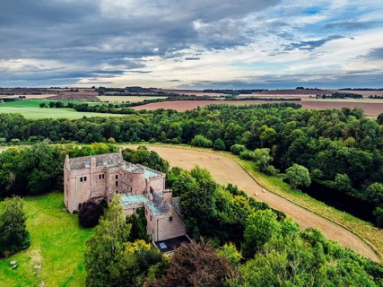 Hutton Castle from a drone, Whiteadder Water, Chirnside, Scottish Borders, UK