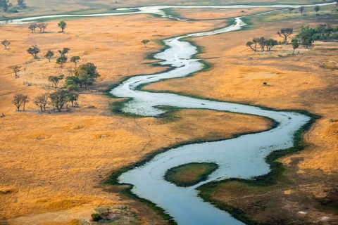 River landscape, idyllic river course, savanna, aerial view, Okavango Delta, Botswana