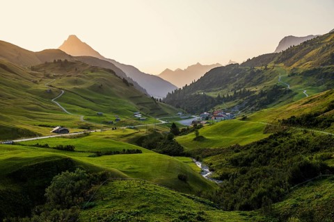 Mountain landscape, sunrise, Hochtannbergpass, Biberkopf, Warth, Bregenzerwald, Vorarlberg, Alps,
