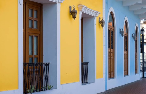 Panama, Panama City historic center Casco Viejo colorful streets and colonial architecture