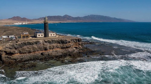 Aerial view of Faro Punta de Jandia lighthouse at the southern tip of Jandia peninsula, in the