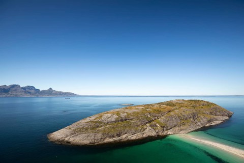 Sunny day and turquoise blue sea at Hovdsundet near Bodø, Nordland, Norway